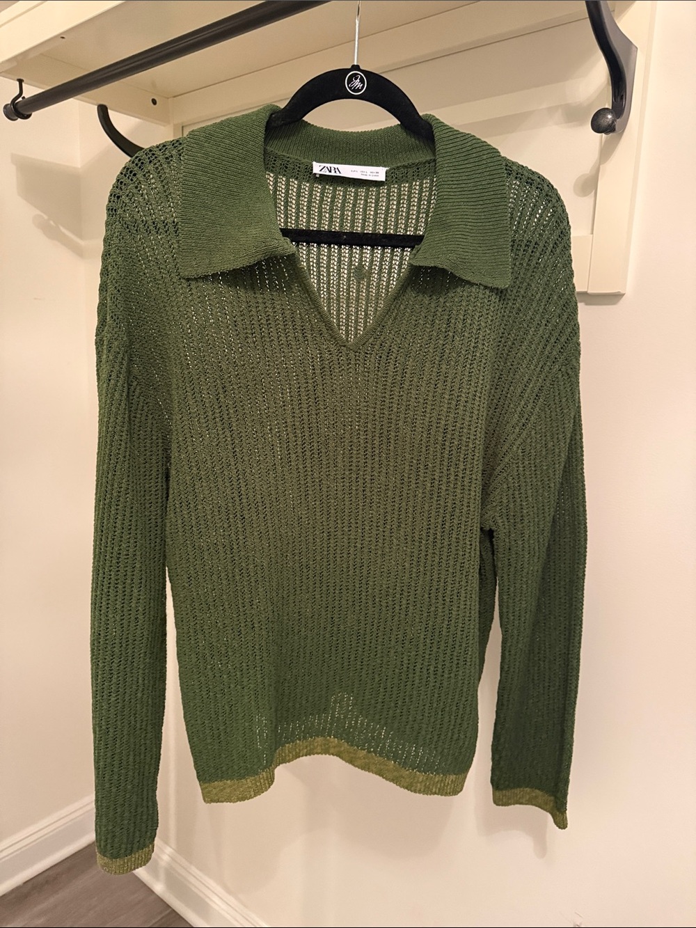 ZARA Olive Green Open-Knit V-Neck Polo Sweater